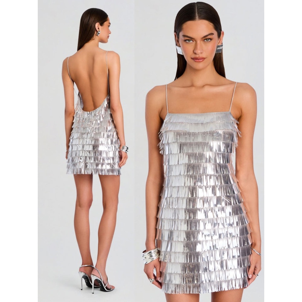 Retrofete Amalie Silver Metallic Fringe Mini Dress